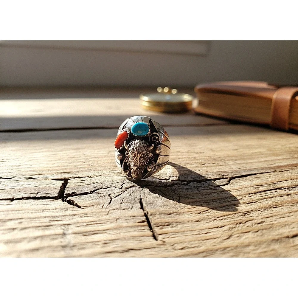 Navajo Men's Buffalo Ring Sterling Silver Turquoise‎ Signed Grace Smith 13 ***
